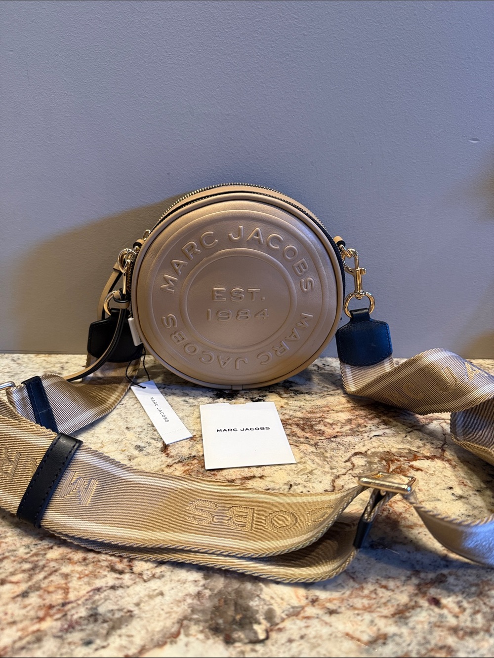 NWT! Marc Jacobs Circle Beige Crossbody with Wide Logo Strap
